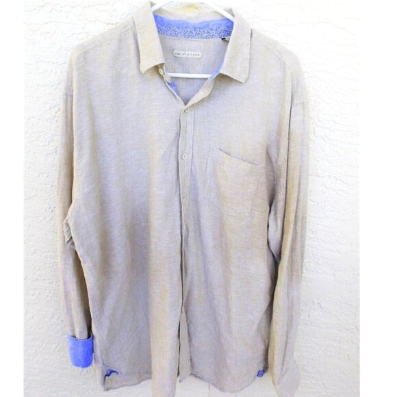 AGE OF WISDOM XXL LS Button Front Shirt Beige Blue Flip Cuff cotton linen blend - Picture 1 of 6